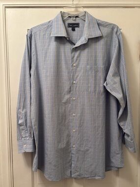 Paul Fredrick Cotton Blue Shirt Long Sleeve with Yellow Windowpane 17 1/2 x 34